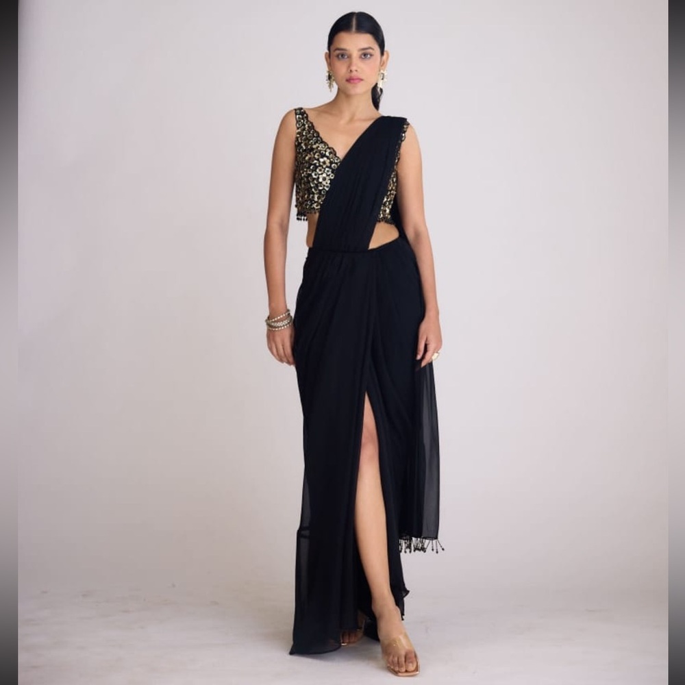 Pre Draped Georgette Saree with Embroidered Sequin Blouse